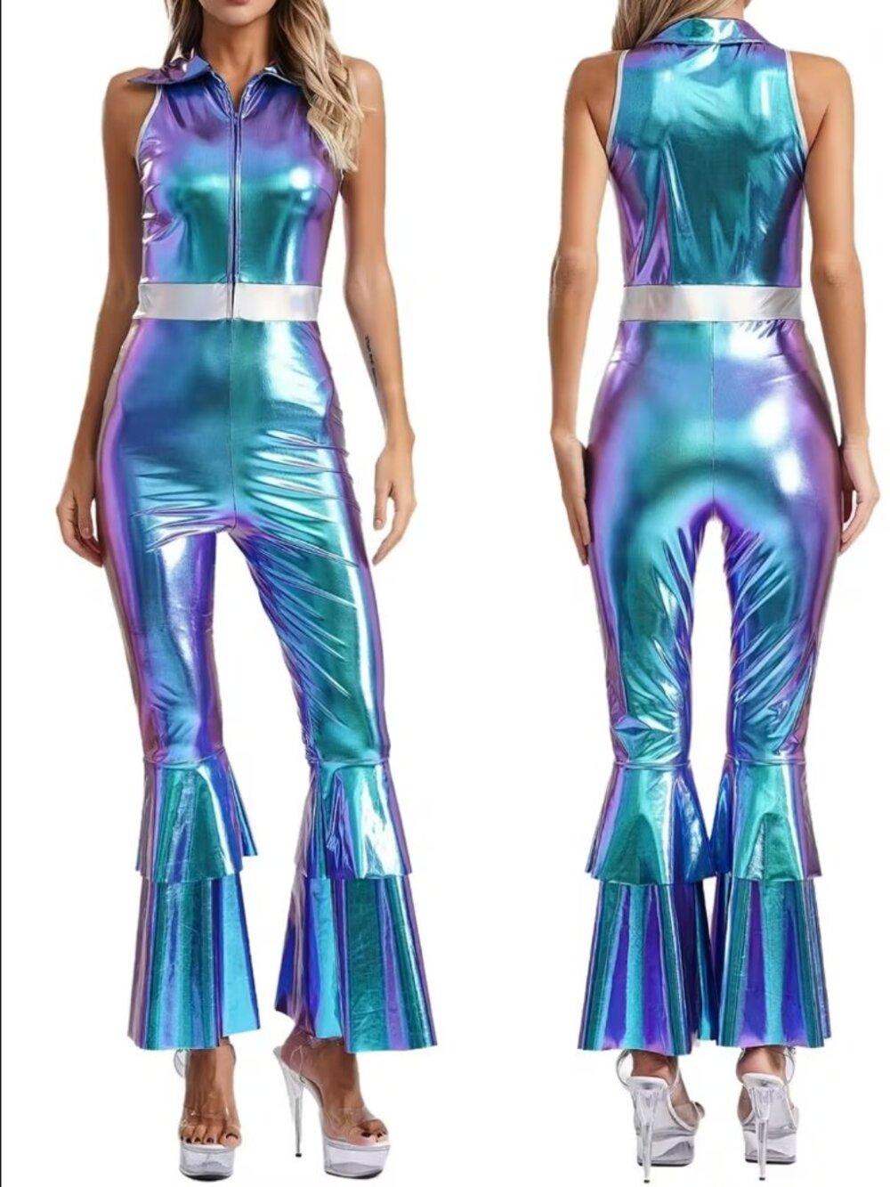 TEMU Women's Metallic Bell Bottom Jumpsuit Disco Costume Hippie Size Large